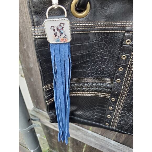 Handmade boho Pitbull lover Leather Fringe Western bag charm fringe keychain - Picture 4 of 4